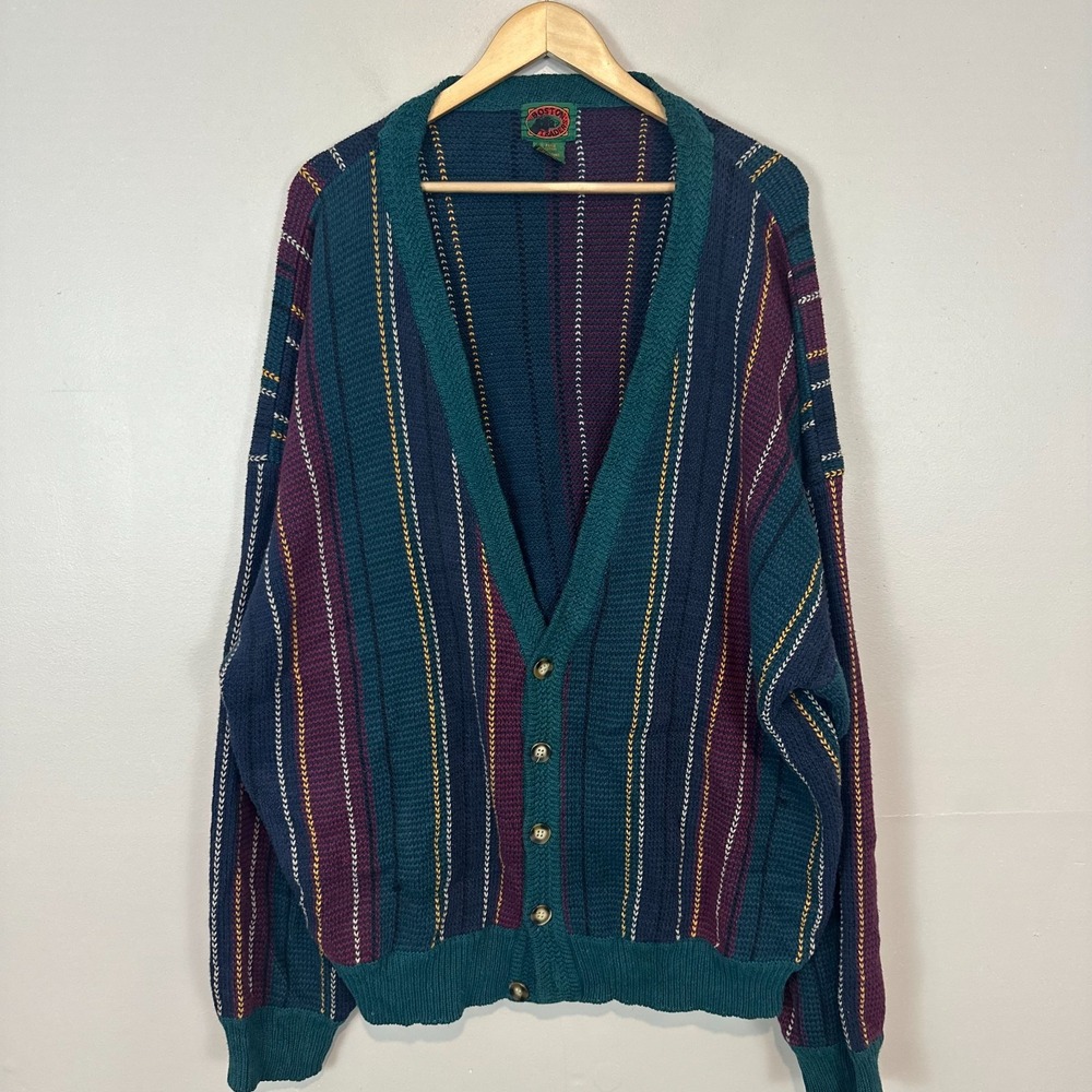 Vintage Boston Traders Blue Grandpa Cardigan Sweater L Striped Tight Knit Men 4X